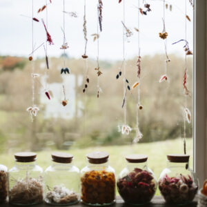 Bois flotté blanc avec tiges colorées